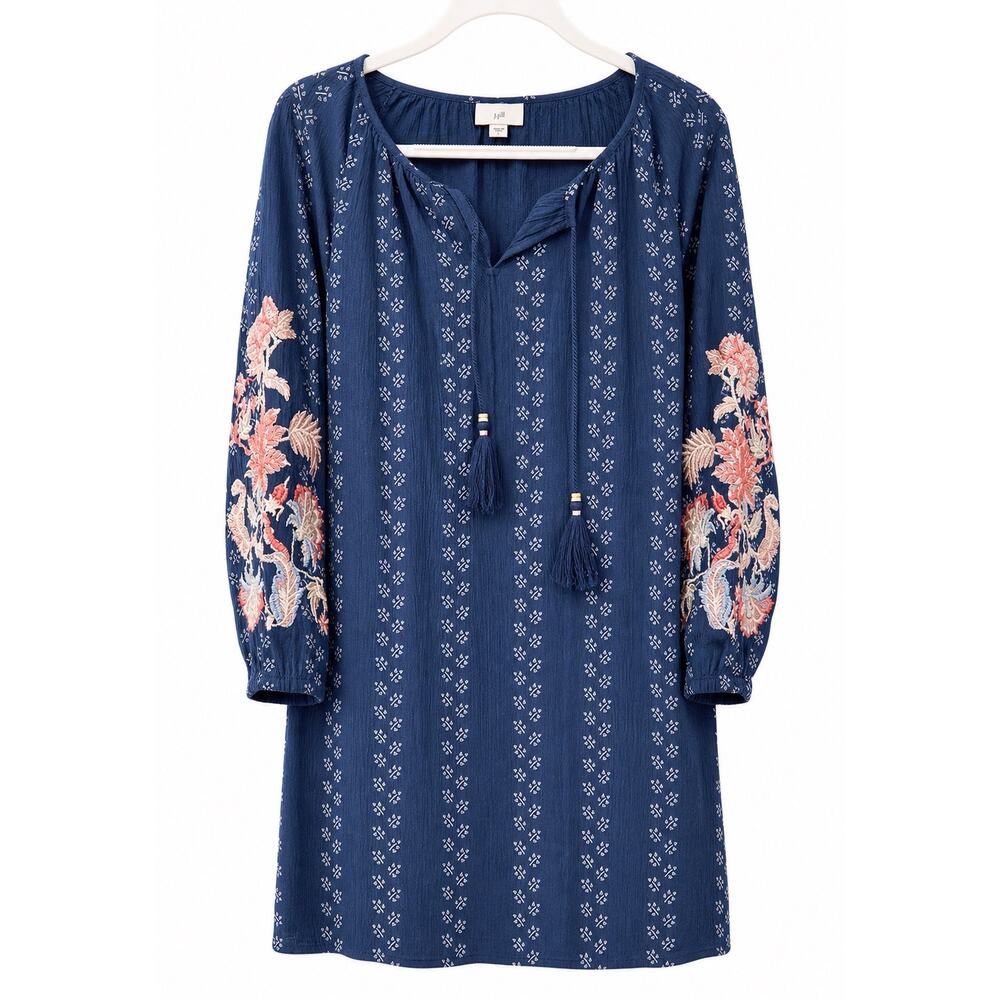 J Jill Boho Embroidered Floral Tassel Dress Large Navy Cotton Rayon Cottagecore